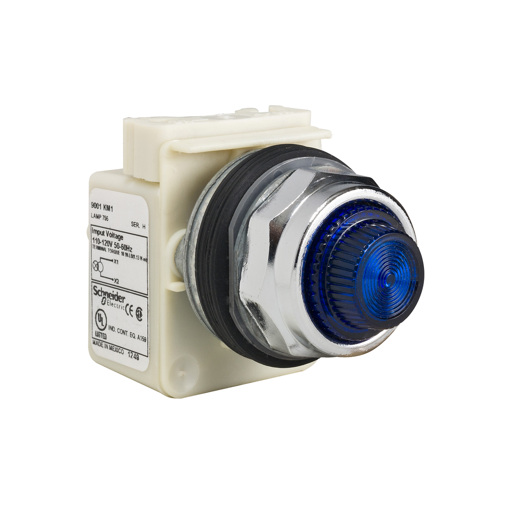 Product image for Square D 9001KP1L31 30 mm 120 VAC Blue Lens Metal Bezel Standard Round Pilot Light