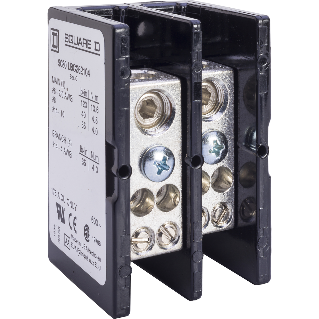 Product image for Square D 9080LBC262104 175 Amp 600 Volt 14 to 2/0 AWG Primary Phenolic 2-Pole Standard Power Distribution Block