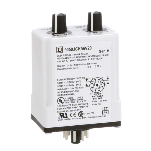 Product image for Square D 9050JCK56V20 120 VAC 110 VDC Coil 10 Amp 2NO 2NC 0.1 to 10 Minute Plug-In Mount Timing Relay