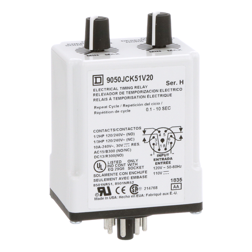 Product image for Square D 9050JCK51V20 120 VAC 110 VDC Coil 10 Amp 2NO 2NC 0.1 to 10 Second Plug-In Mount Timing Relay