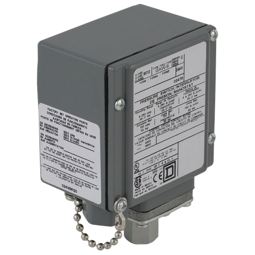Square D 9012GDW24 480 VAC DPDT 4-Circuit 1.5 to 75 PSIG Non-Adjustable Differential Pressure Switch Product image for Square D 9012GDW24 480 VAC DPDT 4-Circuit 1.5 to 75 PSIG Non-Adjustable Differential Pressure Switch