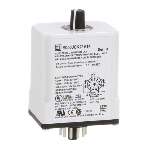 Product image for Square D 9050JCK21V14 24 VAC/VDC Coil 10 Amp DPDT Plug-In Socket Mount AC/DC Timing Relay