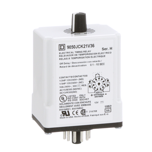 Product image for Square D 9050JCK21V36 12 VDC Coil 10 Amp DPDT Plug-In Socket Mount DC Timing Relay