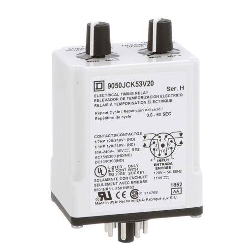 Product image for Square D 9050JCK53V20 120 VAC 110 VDC Coil 10 Amp 2NO 2NC 0.6 to 60 Second Plug-In Mount Timing Relay