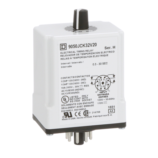Product image for Square D 9050JCK32V20 120 VAC 110 VDC Coil 10 Amp DPDT Plug-In Socket Mount AC/DC Timing Relay