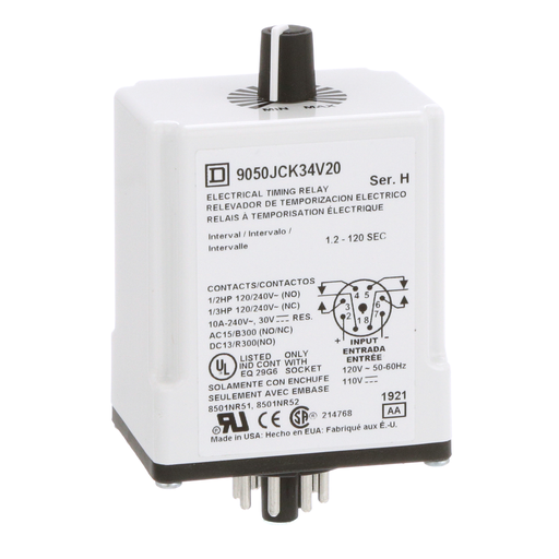 Product image for Square D 9050JCK34V20 120 VAC 110 VDC Coil 10 Amp DPDT Plug-In Socket Mount AC/DC Timing Relay