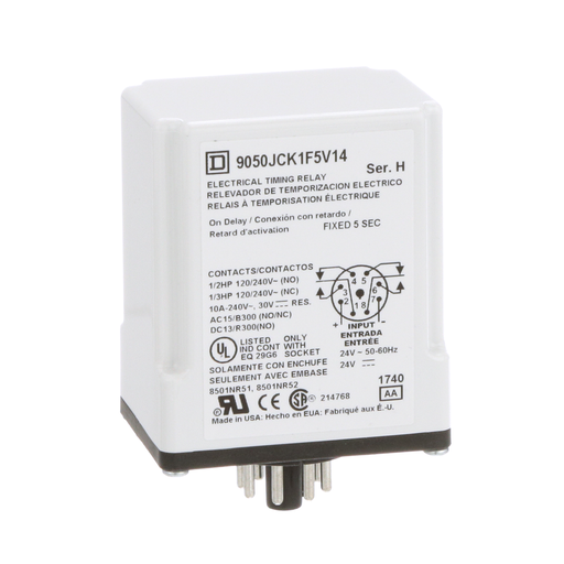 Product image for Square D 9050JCK1F5V14 24 VAC/VDC Coil 10 Amp DPDT Plug-In Socket Mount AC/DC Timing Relay