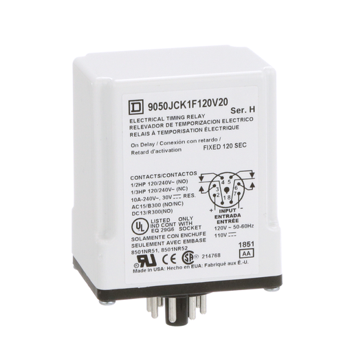 Product image for Square D 9050JCK1F120V20 120 VAC 110 VDC Coil 10 Amp DPDT Plug-In Socket Mount AC/DC Timing Relay