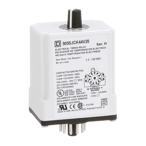 Product image for Square D 9050JCK44V20 120 VAC 110 VDC Coil 10 Amp DPDT Plug-In Socket Mount AC/DC Timing Relay