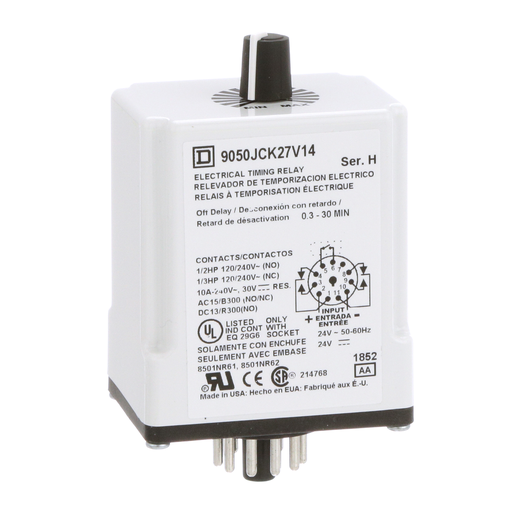 Product image for Square D 9050JCK27V14 24 VAC/VDC Coil 10 Amp DPDT Plug-In Socket Mount AC/DC Timing Relay