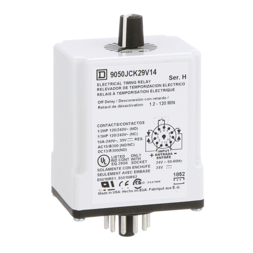 Product image for Square D 9050JCK29V14 24 VAC/VDC Coil 10 Amp DPDT Plug-In Socket Mount AC/DC Timing Relay