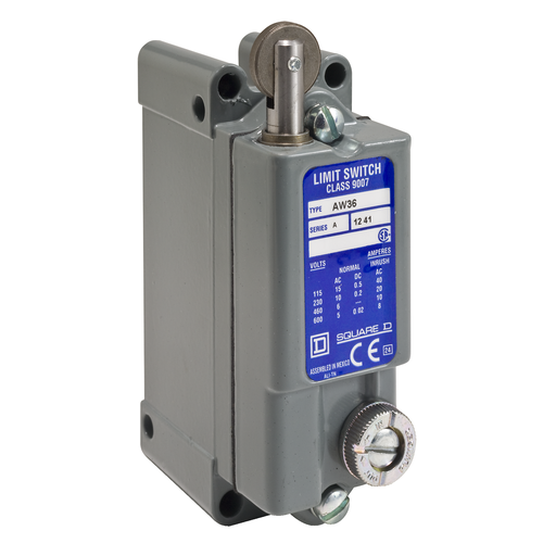 Product image for Square D 9007AW32 600 VAC 15 Amp 1NO 1NC Roller Plunger Heavy Duty Limit Switch