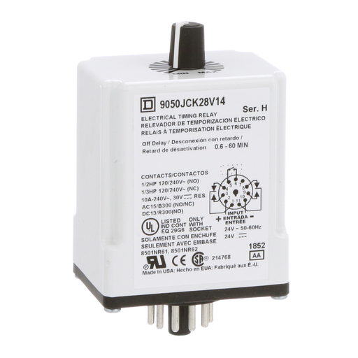 Product image for Square D 9050JCK28V14 24 VAC/VDC Coil 10 Amp DPDT Plug-In Socket Mount AC/DC Timing Relay