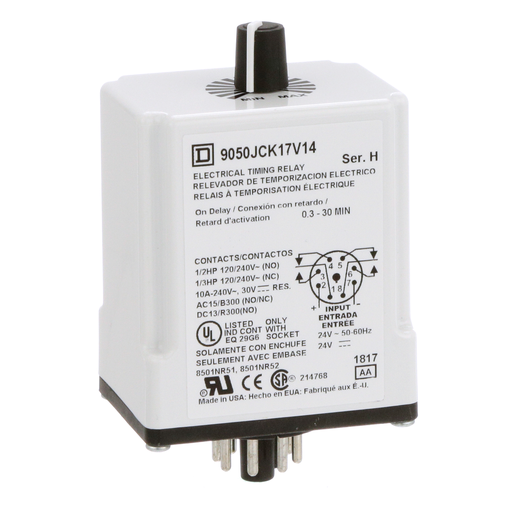 Product image for Square D 9050JCK17V14 24 VAC/VDC Coil 10 Amp DPDT Plug-In Socket Mount AC/DC Timing Relay