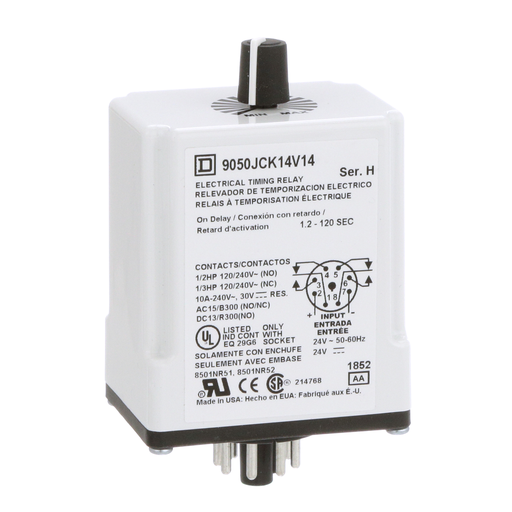 Product image for Square D 9050JCK14V14 24 VAC/VDC Coil 10 Amp DPDT Plug-In Socket Mount AC/DC Timing Relay