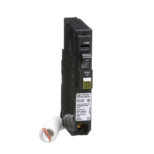 Picture of QO120CAFI - Mini circuit breaker, QO, 20A, 1 pole, 120/240VAC, 10kA, combo arc fault, pigtail, plug in mount