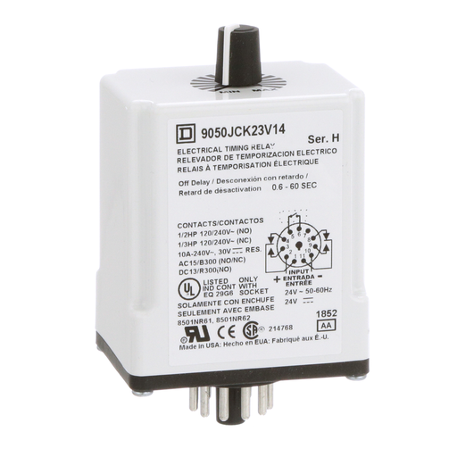 Product image for Square D 9050JCK23V14 24 VAC/VDC Coil 10 Amp DPDT Plug-In Socket Mount AC/DC Timing Relay
