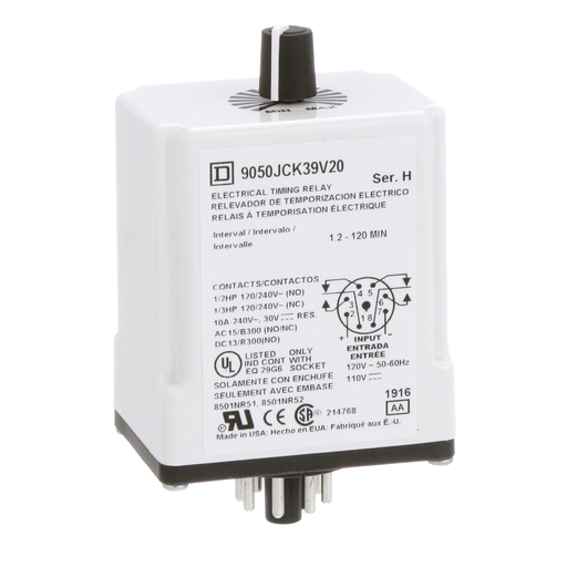 Product image for Square D 9050JCK39V20 120 VAC 110 VDC Coil 10 Amp DPDT Plug-In Socket Mount AC/DC Timing Relay