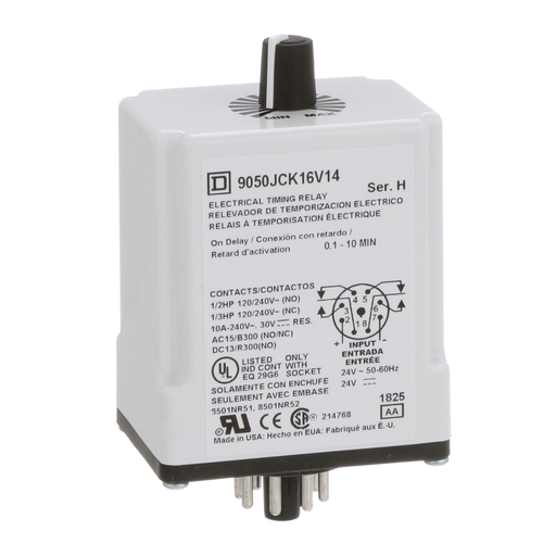 Product image for Square D 9050JCK16V14 24 VAC/VDC Coil 10 Amp DPDT Plug-In Socket Mount AC/DC Timing Relay
