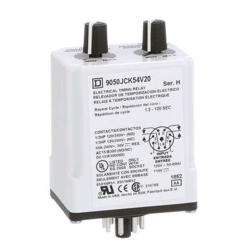 Product image for Square D 9050JCK54V20 120 VAC 110 VDC Coil 10 Amp 2NO 2NC 1.2 to 120 Second Plug-In Mount Timing Relay