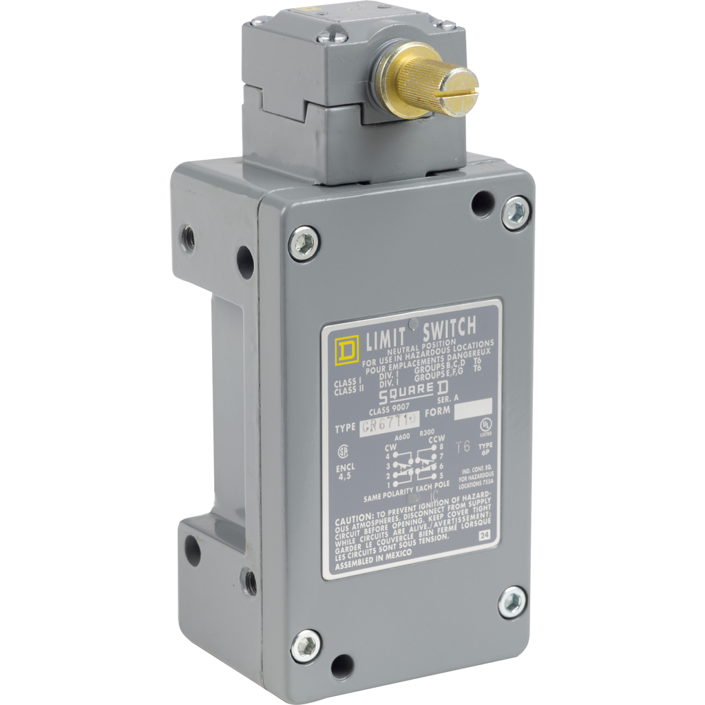 Product image for TES 9007CR67T10 NEMA limit switch, 9007C, heavy duty, standard, neutral position, spring return lever head, 10A, 600V, 2NO/2NC, NEMA 7/9