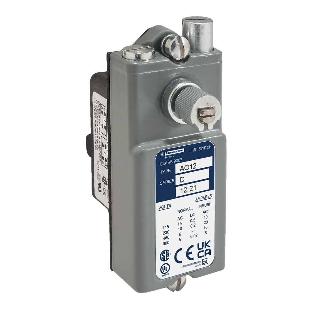 Product image for TES Sensors 9007AO16 Limit switch, 9007AW, heavy duty industrial, precision, 15A at 120VAC, 1NO/1NC, lever arm, plug in, open type
