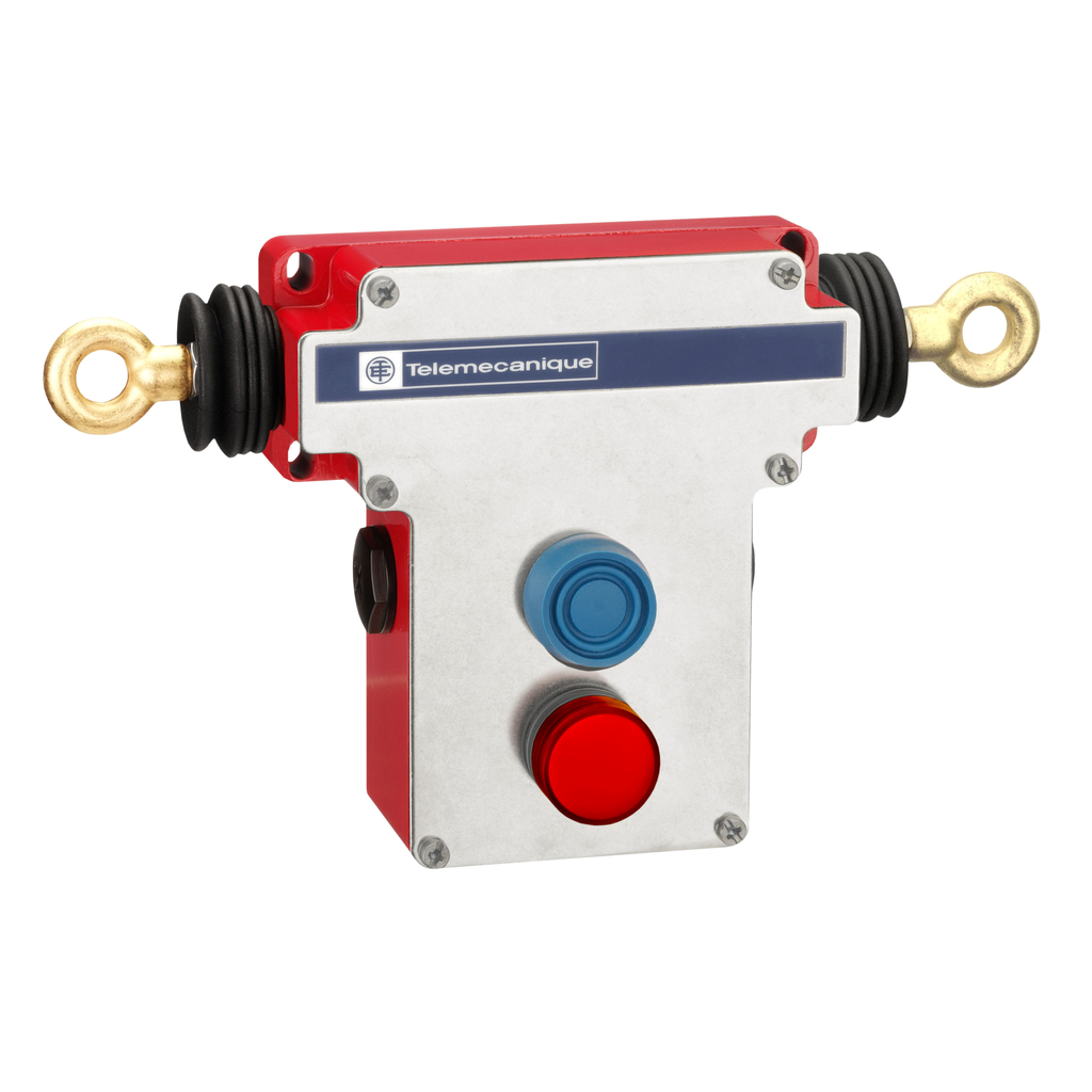 Product image for TES XY2CEDA296H7 Dual emergency stop rope pull switch, TES rope pull switches XY2C, e 2x(1NC+1NO), 1/2" NPT, boot. pb, pilot light