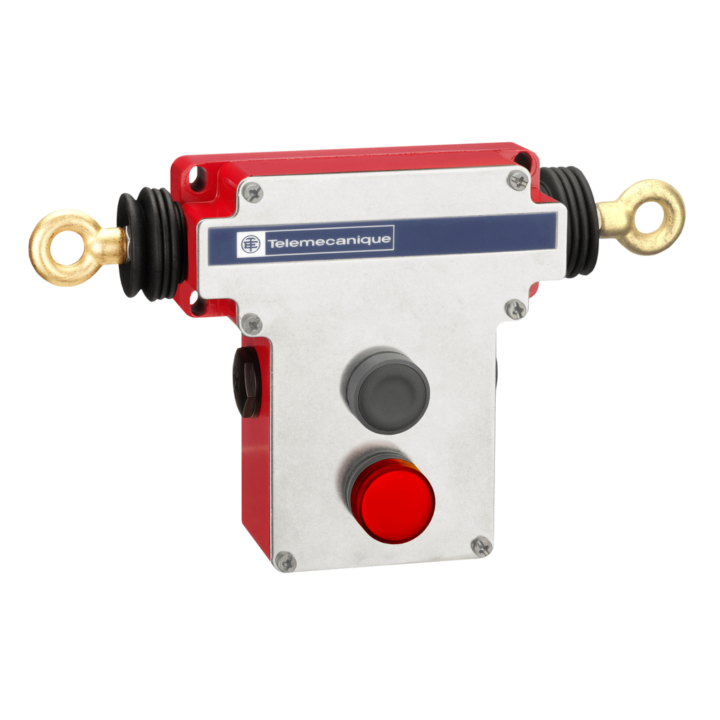 Product image for TES XY2CEDA196H7 Dual emergency stop rope pull switch, TES rope pull switches XY2C, e 2x(1NC+1NO), 1/2" NPT, flush pb, pilot light