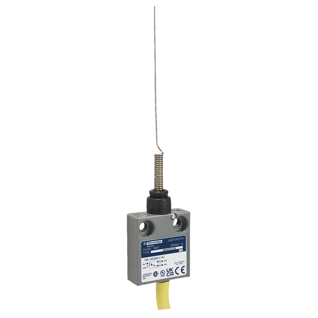 Product image for TES 9007MS05S0300 Limit switch, 9007ML, miniature, steel whisker wire, 10A at 240VAC, 1NO/1NC, 9 feet of cable, NEMA 4, 6, 6P, 12, 13