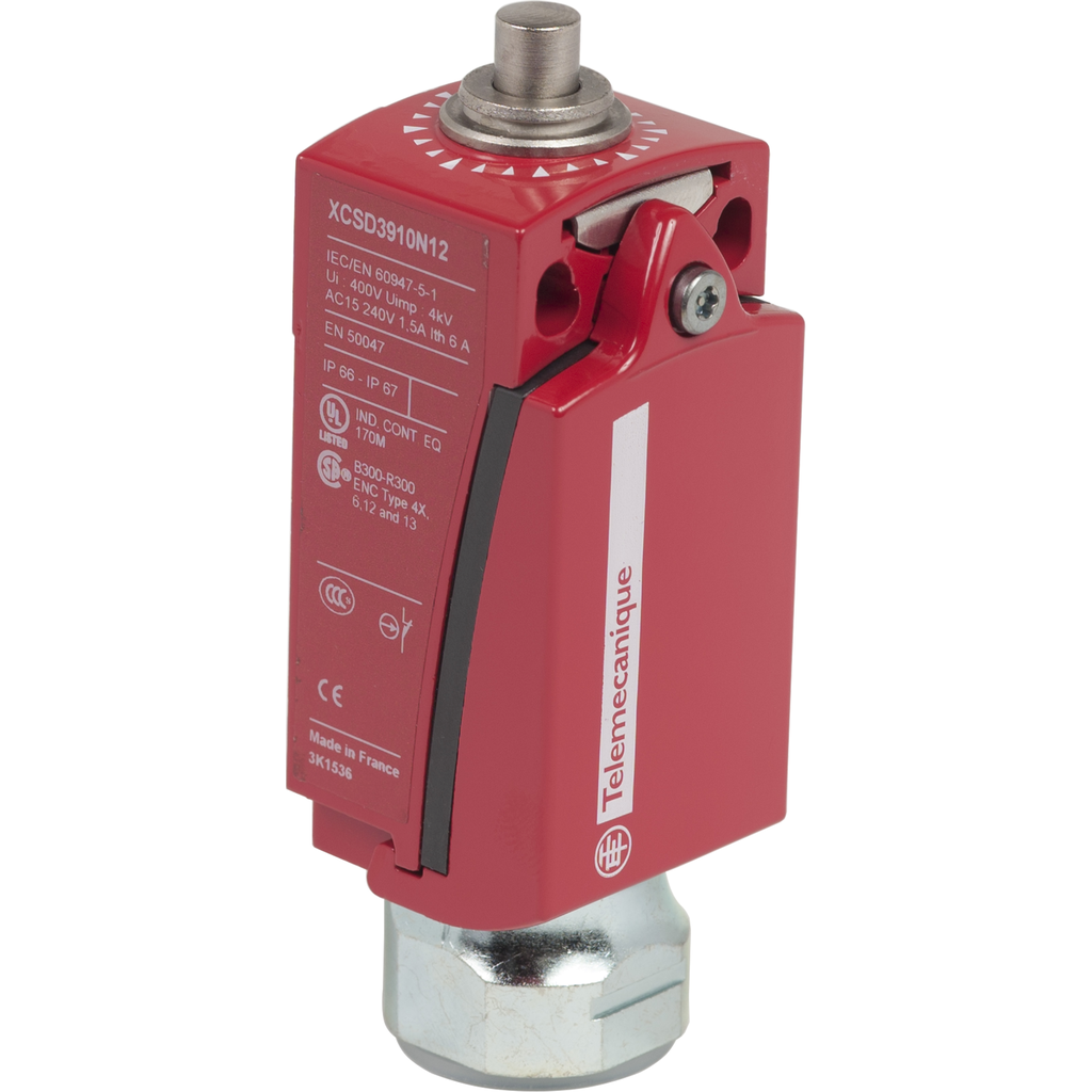 Product image for TES XCSD3910N12 Safety limit switch, TES Safety switches XCS, metal, steel plunger, 2NC+1 NO, 1 entry tapped 1/2" NPT