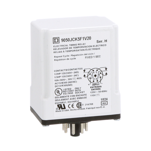 Product image for Square D 9050JCK5F1V20 120 VAC 110 VDC Coil 10 Amp 2NO 2NC 1 Second Plug-In Mount Timing Relay