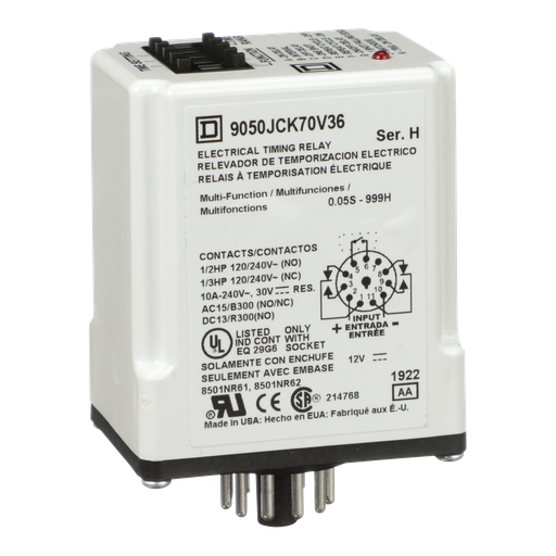 Product image for Square D 9050JCK70V36 12 VDC Coil 10 Amp DPDT Plug-In Socket Mount DC Timing Relay