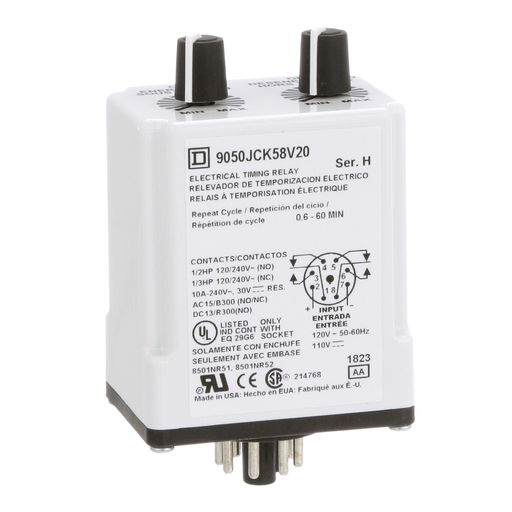 Product image for Square D 9050JCK58V20 120 VAC 110 VDC Coil 10 Amp 2NO 2NC 0.6 to 60 Minute Plug-In Mount Timing Relay