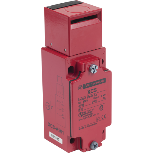 Product image for TES XCSA501 Safety switch, TES Safety switches XCS, metal XCSA, 1 NC + 2 NO, slow break, 1 entry tapped Pg 13