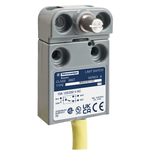 Product image for TES 9007MS04S0400 Limit switch, 9007ML, miniature, rotary lever arm, 10A at 240VAC, 1NO/1NC, 12 feet of cable, NEMA 4, 6, 6P, 12, 13