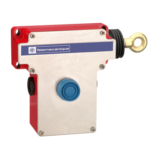 Product image for TES XY2CE1A250 Latching emergency stop rope pull switch, TES rope pull switches XY2C, e XY2CE, RH side -1NC+1 NO, booted pushbutton