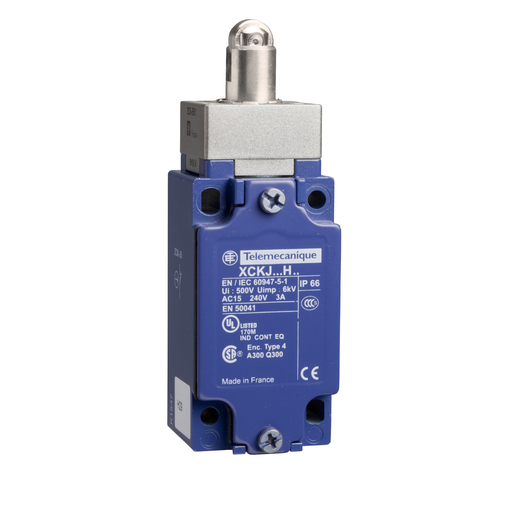 Product image for TES XCKJ162H7 Limit switch, XC Standard, XCKJ, steel roller plunger, 1NC+1 NO, snap action, 1/2NPT