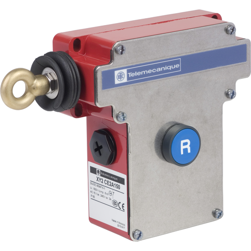 Product image for TES XY2CE2A150 Latching emergency stop rope pull switch, TES rope pull switches XY2C, e XY2CE, LH side -1NC+1 NO, Flush pushbutton