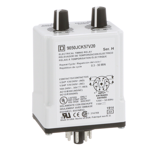 Product image for Square D 9050JCK57V20 120 VAC 110 VDC Coil 10 Amp 2NO 2NC 0.3 to 30 Minute Plug-In Mount Timing Relay