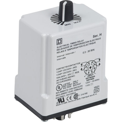 Product image for Square D 9050JCK41V20 120 VAC 110 VDC Coil 10 Amp DPDT Plug-In Socket Mount AC/DC Timing Relay