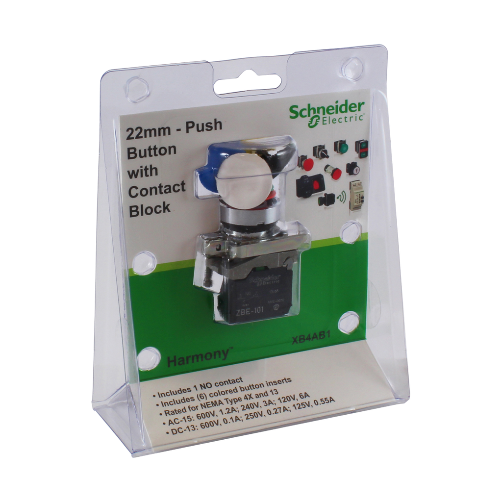Product image for Square D XB4AB1 22 mm Push Button Kit with ZB4BZ101 Contact Block ZB4BA9 Pushbutton Head