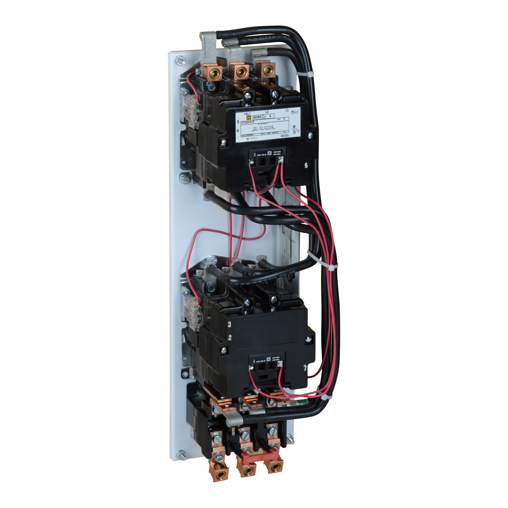 Mayer-DDS-NEMA starter, Type S, reversing, vertical, Size 4, 135A, 100HP at 575VAC, 10kA SCCR, 3 phase, 3 pole, melting alloy overload, 120VAC coil, open-1