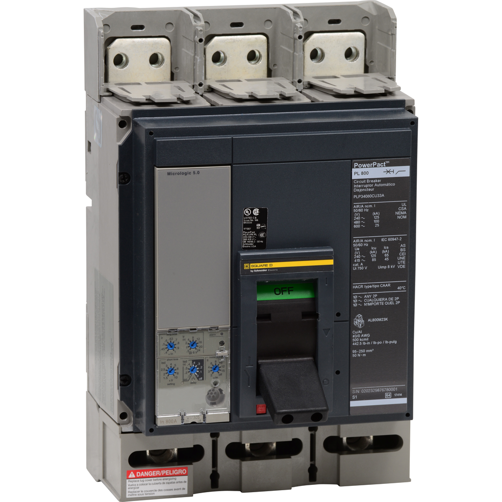 Mayer-DDS-Circuit breaker, PowerPacT P, 800A, 3 pole, 480VAC, 100kA, lugs, Micrologic 5.0, 80%-1