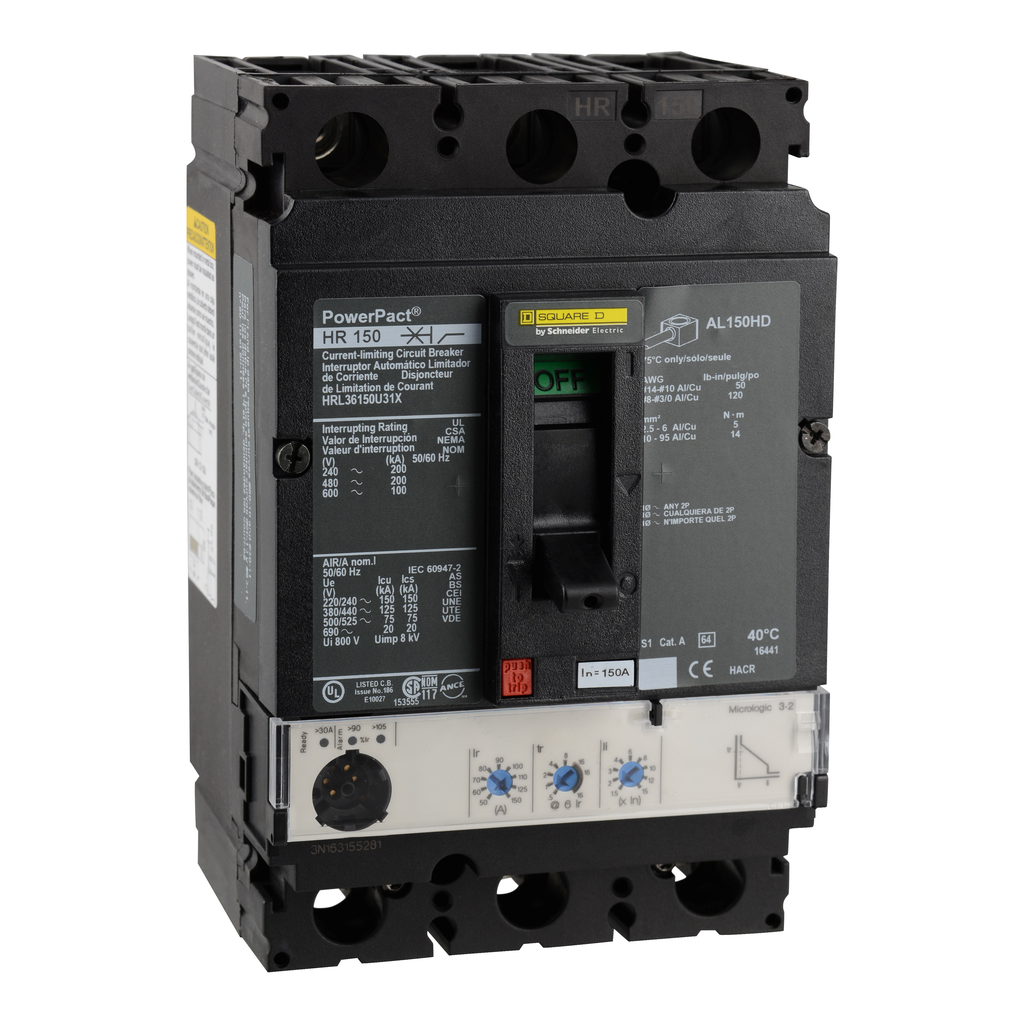 Mayer-DDS-Circuit breaker, PowerPacT H, 150A, 3 pole, 600VAC, 100kA, lugs, Micrologic 6.2A, 80%-1
