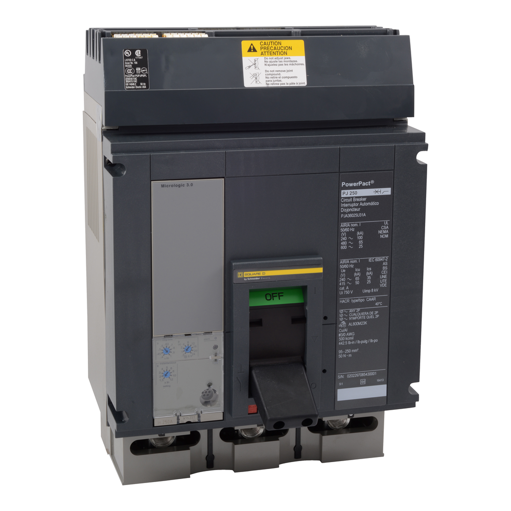 Mayer-DDS-Circuit breaker, PowerPacT P, 400A, 3 pole, 600VAC, 25kA, I-Line, Micrologic 6.0P, 100%, ABC, modbus-1
