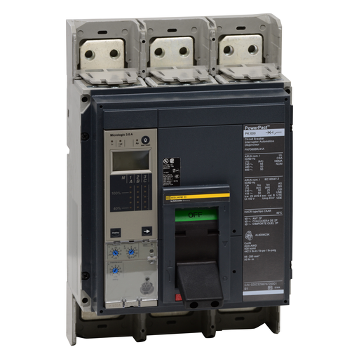 Mayer-DDS-Circuit breaker, PowerPacT P, 800A, 3 pole, 600VAC, 65kA, busbar, Micrologic 5.0A, 100%-1