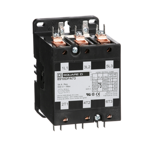 Product image for Square D 8910DPA73V14 24 VAC 75 Amp 3-Pole 3NO NEMA 1 Non-Reversing Definite Purpose Contactor