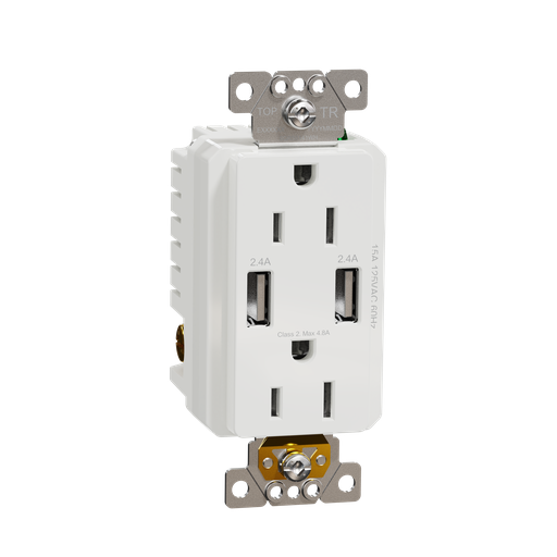 SQR55141WH - USB charger + socket-outlet, X Series, 15A socket, 4.8A USB A/A, duplex, tamper resistant, white, matte finish