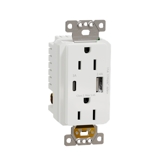 SQR55153WH - USB charger + socket-outlet, X Series, 15A socket, 5.4A USB A/C, duplex, tamper resistant, white, matte finish