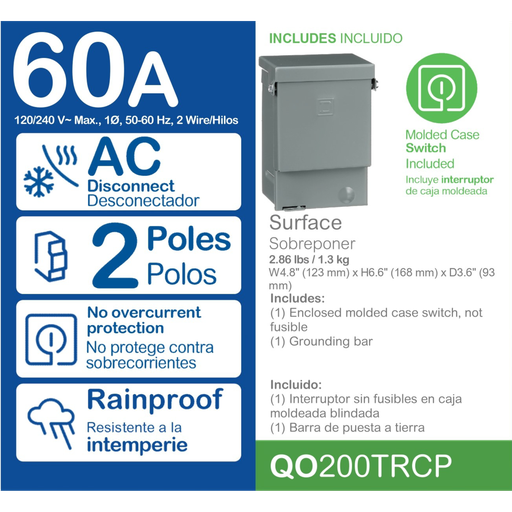 Mayer-DDS-Enclosed molded case switch, QO, 60A, 2 pole, 240VAC, 22kA, air conditioning, NEMA 3R, consumer pack-2
